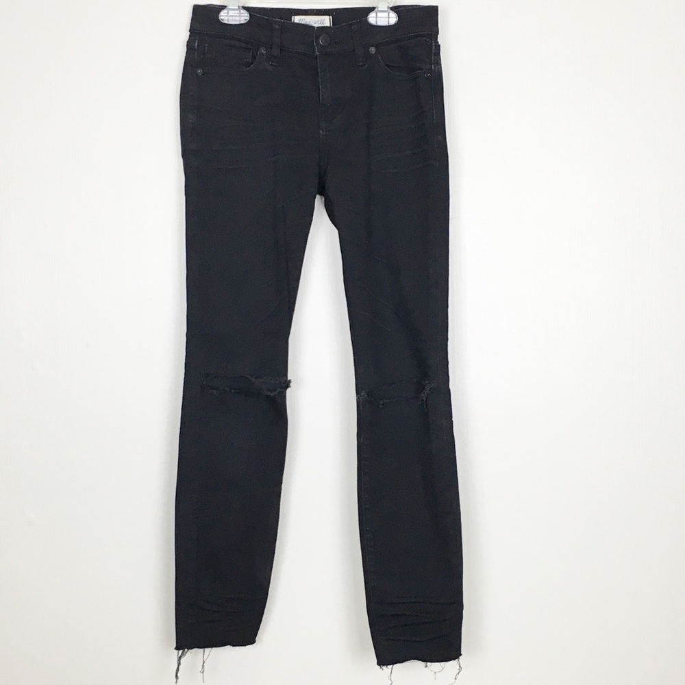 Madewell‎ 8” Skinny Black Jeans Rip Knee Raw Hem 26